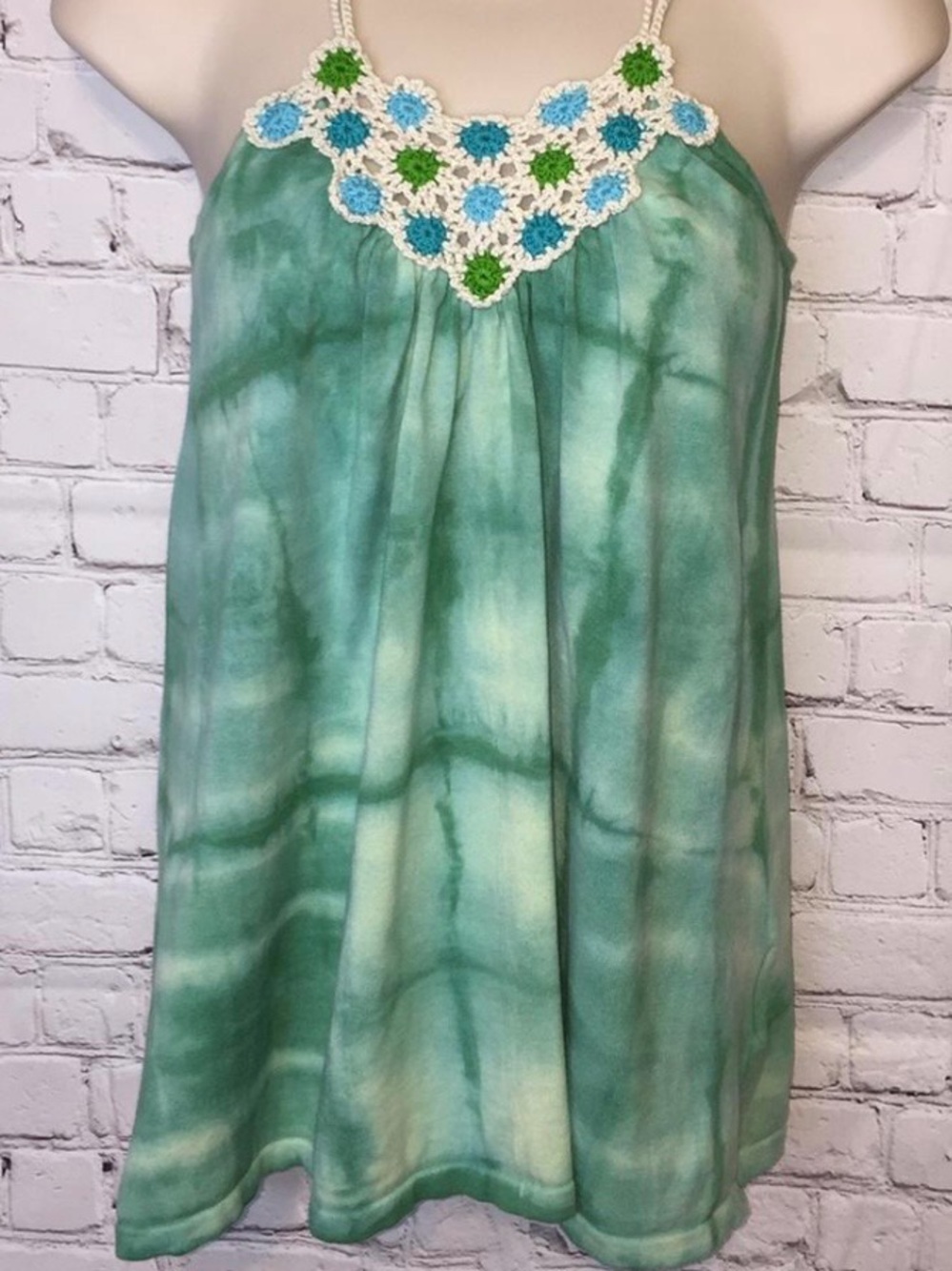 Free People Green Tie-Dye Crochet Yoke Summer Tank Large